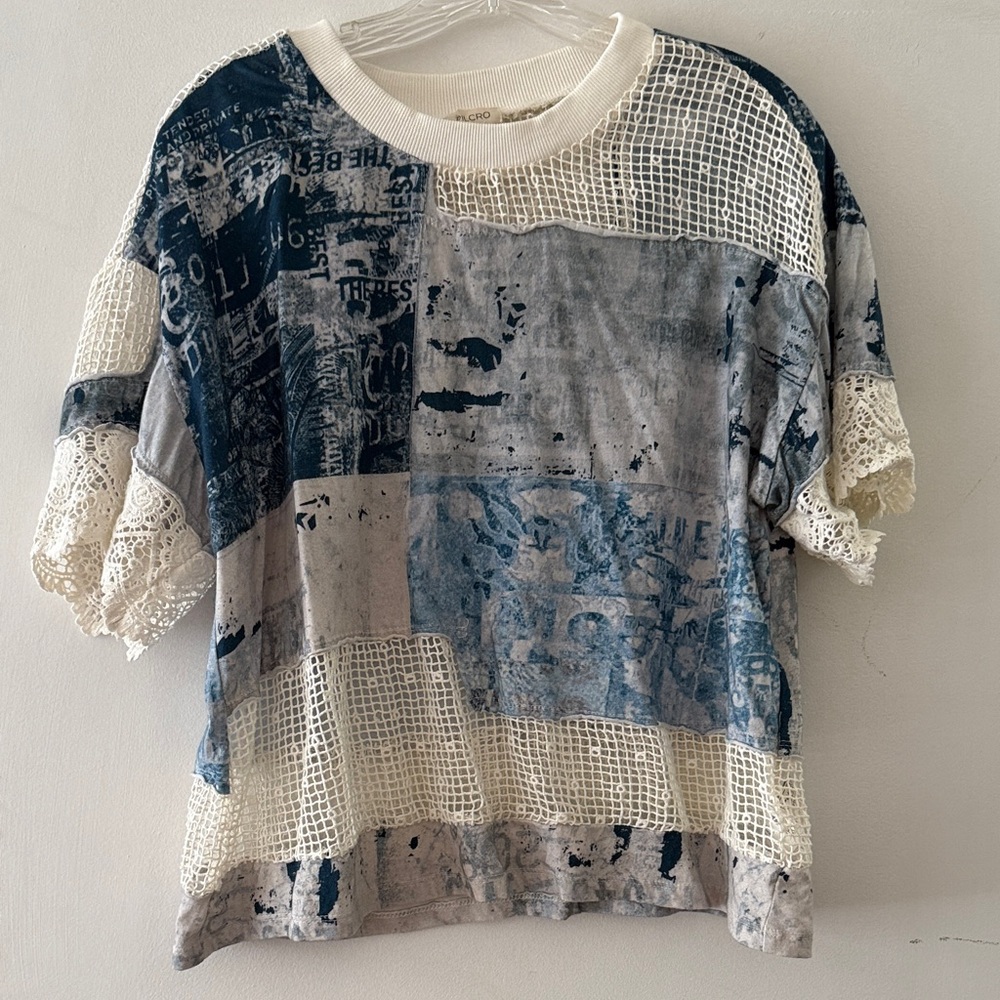 Pilcro Patchwork Short Sleeve Tee in Blue and Cream